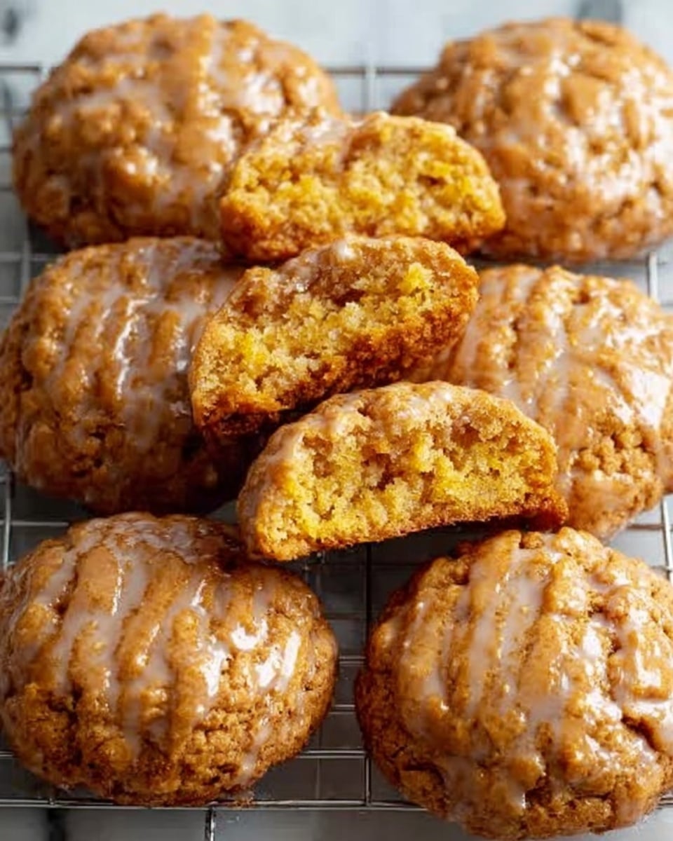 The image shows a close-up of seven golden-brown cookies arranged on a metal cooling rack over a white marbled surface. Each cookie has a rough texture and is coated with a thin, shiny glaze that creates a slightly cracked pattern. One cookie is turned on its side in the center, revealing a soft, moist inside with a yellowish color and small dark bits, indicating a filled or mixed ingredient. The cookies look soft and chewy with a slightly crispy outer layer. photo taken with an iphone --ar 4:5 --v 7
