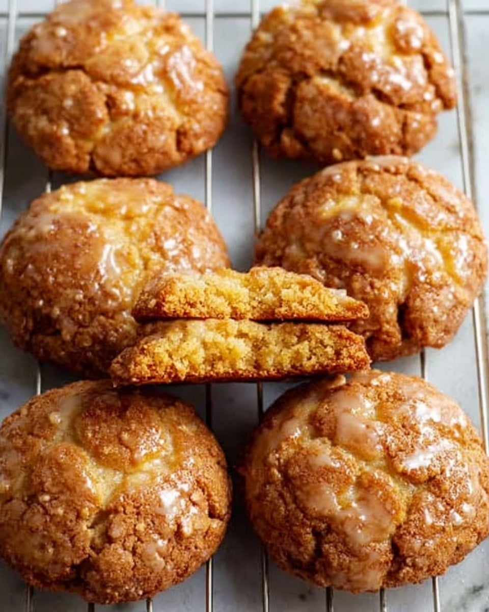 The image shows seven round, golden-brown cookies with a rough, bumpy texture that looks slightly crunchy. They are placed on a metal cooling rack over a white marbled surface. One cookie in the middle is broken in half and tilted upward, revealing a soft, crumbly inside with small chunks stained a light golden color. The cookies have a shiny glaze that reflects light softly, giving a slightly wet look on top. The colors range from light yellow inside to deeper brown on the outside, showing a fresh baked look. Photo taken with an iphone --ar 4:5 --v 7