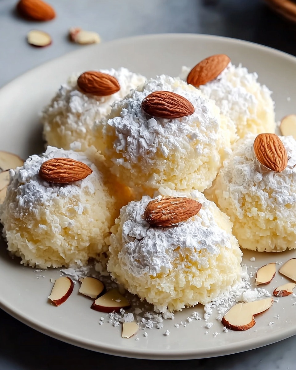 A white plate holds six fluffy, round sweets with a light yellow color and crumbly texture. Each sweet is topped with a layer of white powdered sugar, giving a soft, snowy look, and is decorated with a whole brown almond placed on top. Small, thin almond slices are scattered lightly over the powdered sugar on each sweet. The plate rests on a white marbled surface with some almond crumbs scattered around. Photo taken with an iphone --ar 4:5 --v 7