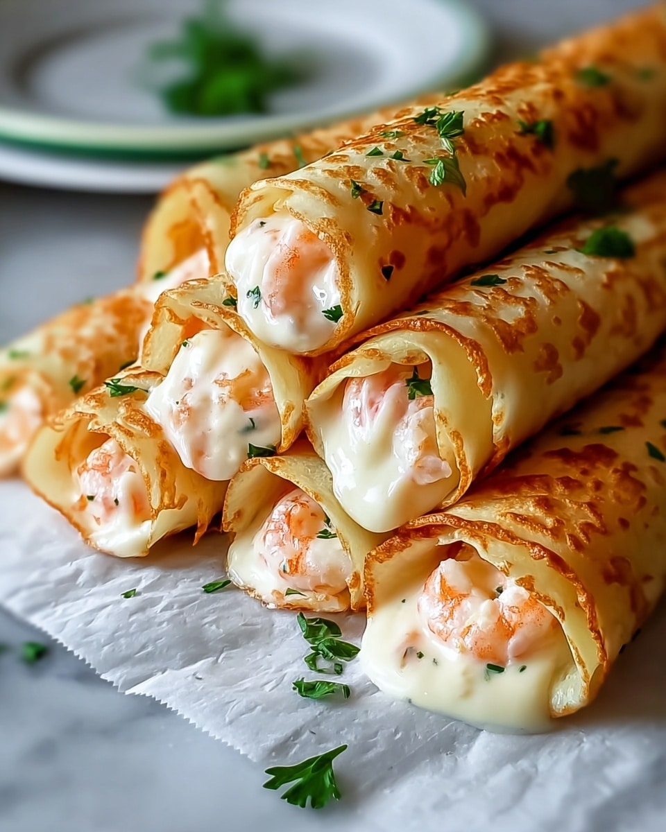 A close-up of a stack of eight golden-brown rolled crepes filled with a creamy, white sauce that has visible small pink shrimp pieces inside. The crepes have a slightly crisp texture with small bubbles and are garnished with green parsley leaves scattered on and around them. The crepes are placed on white paper atop a white marbled surface, with part of a white plate with a green rim blurred in the background. photo taken with an iphone --ar 4:5 --v 7