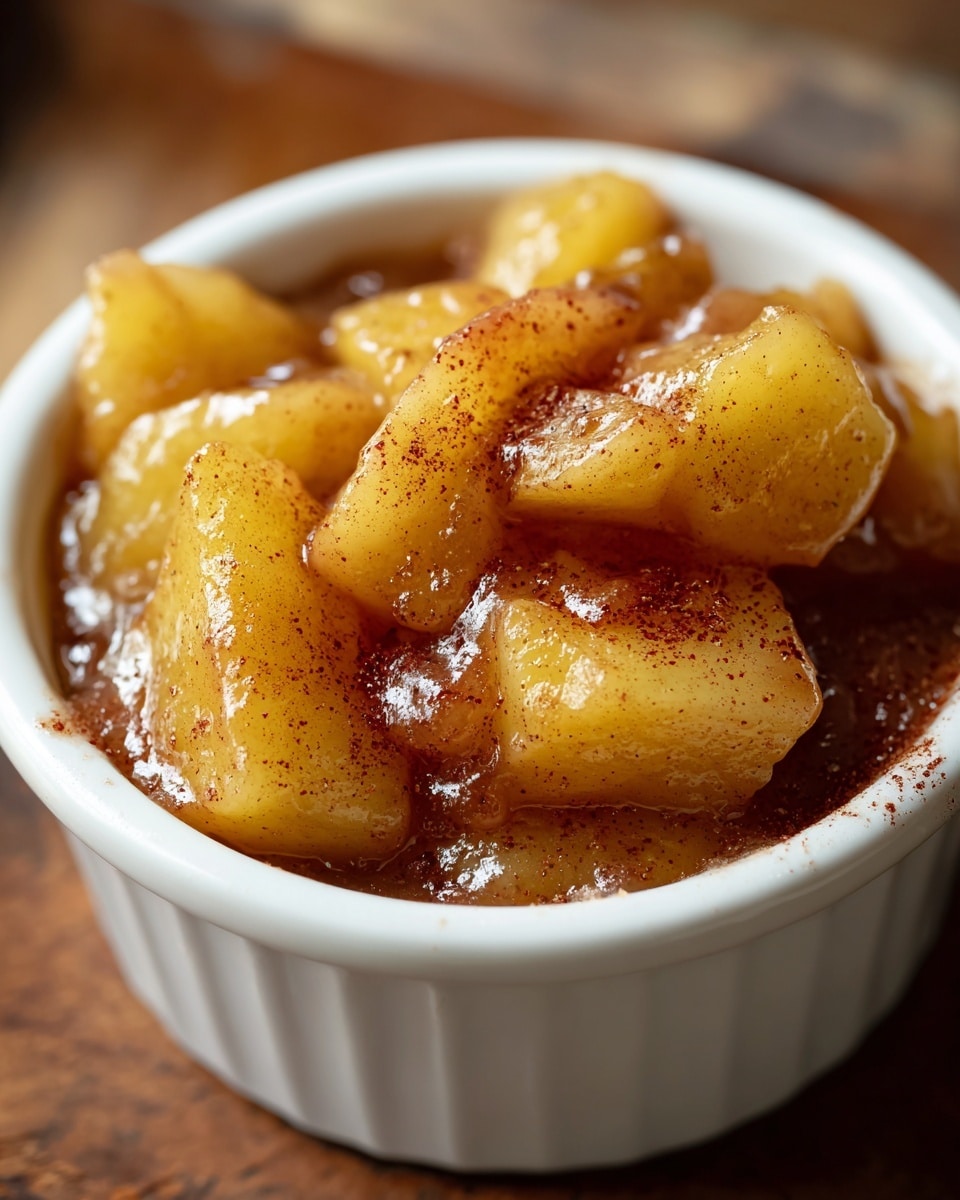 A close-up image of a white ceramic ramekin filled with warm, cooked apple chunks. The apple pieces are cut into irregular shapes, coated in a shiny syrupy glaze, and sprinkled with fine cinnamon powder, giving a warm brown and golden color. The texture of the apples looks soft and tender, sitting in thick syrup with visible cinnamon flecks. The ramekin is resting on a wooden surface, blurred in the background. photo taken with an iphone --ar 4:5 --v 7