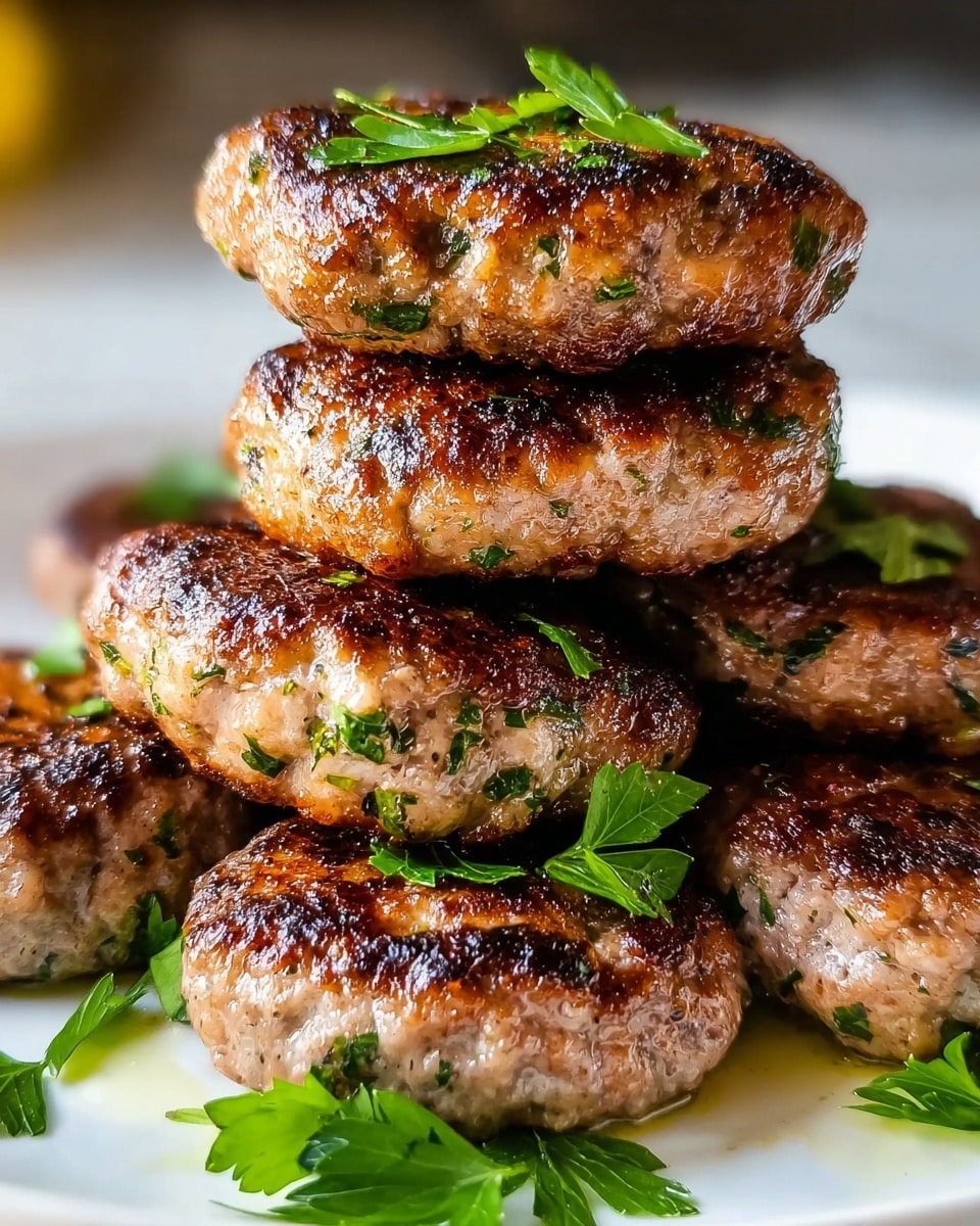 A close-up view of a stack of six grilled meat patties arranged in two layers on a white plate. The bottom layer has four patties that show a browned, slightly charred texture with small green herb pieces mixed inside. The top layer has two patties placed slightly off-center, also showing a golden-brown crust with visible herbs. Fresh, bright green parsley leaves are scattered on top and around the patties, adding a fresh touch. The plate rests on a white marbled surface, and the lighting highlights the juicy and crispy texture of the meat. Photo taken with an iphone --ar 4:5 --v 7