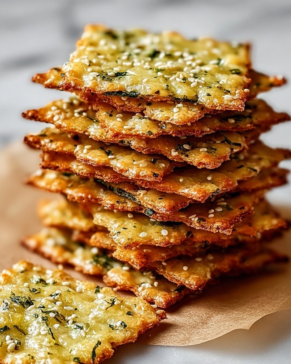 A tall stack of square crackers sits on a piece of parchment paper on a white marbled surface. Each cracker has a golden brown edge with a slightly bubbled texture and is topped with melted cheese that has melted into a light yellow layer with bits of green herbs and small white sesame seeds scattered throughout. The layers show thin, crispy edges with a browned, textured base. The crackers look crunchy and are stacked unevenly with one cracker lying flat in front of the stack. photo taken with an iphone --ar 4:5 --v 7