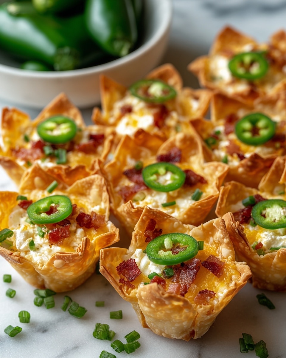 The image shows several small bite-sized cups made from crispy golden-brown edges of a thin shell, each filled with a creamy mixture that is light yellow and white in color. On top of each cup is a small green slice of jalapeño, bits of crispy red bacon, and chopped green onions scattered on and around the cups. The cups are stacked in a white bowl, placed on a white marbled surface. The texture of the shell is crispy and flaky, while the filling looks soft and cheesy. photo taken with an iphone --ar 4:5 --v 7