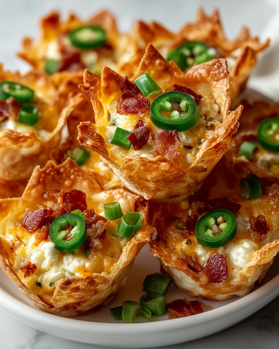 A close-up view of crispy golden wonton cups filled with creamy white and yellow cheese mixture, topped with small pieces of crispy red bacon, green chopped chives, and slices of jalapeño pepper placed on the center of some cups. The wonton cups are arranged on a white marbled surface with scattered green chives around them. In the background, a white bowl holds whole fresh green jalapeños, softly blurred. The edges of the wonton wrappers are ruffled and golden brown, contrasting the smooth, creamy filling inside each cup. Photo taken with an iphone --ar 4:5 --v 7