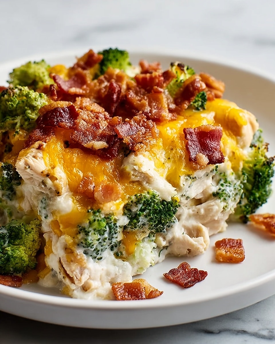 This dish shows a close-up of a layered casserole on a white plate, placed on a white marbled surface. The bottom layer consists of tender pieces of chicken mixed with fresh, bright green broccoli florets. Over this is a creamy white sauce covering the chicken and broccoli evenly. On top, there is a generous layer of melted yellow and orange cheddar cheese that looks gooey and rich. Finally, sprinkled all over the cheese are small, crispy pieces of golden-brown bacon, adding texture and color contrast to the dish. Photo taken with an iphone --ar 4:5 --v 7