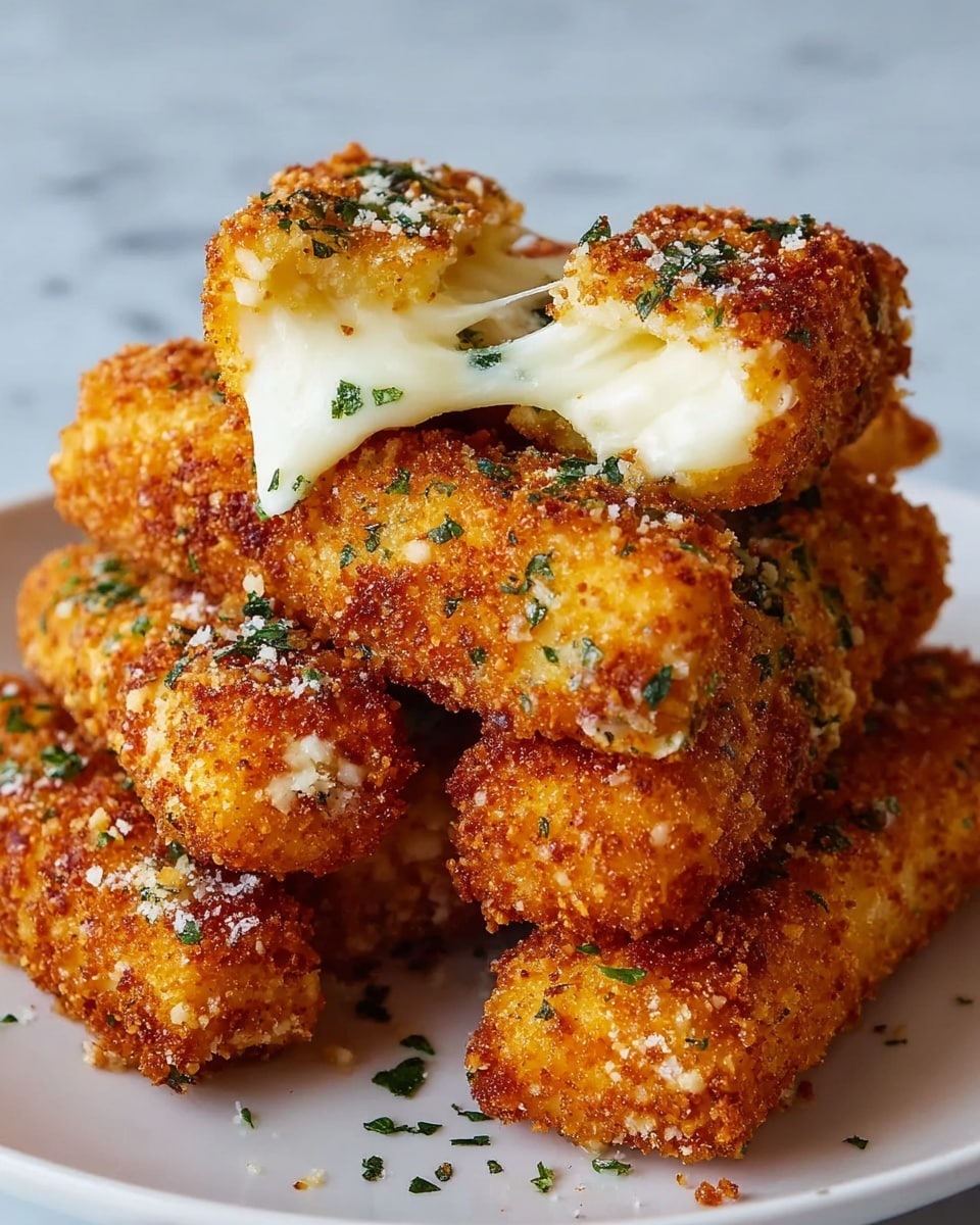 A close-up image shows a stack of five crispy, golden brown mozzarella sticks on a white plate against a white marbled surface. Each stick has a crumbly, crunchy coating with green herb flecks scattered over the outer layer. The top mozzarella stick is broken in half, revealing thick, melted white cheese oozing out, stretching slightly between the pieces. The texture of the crust looks crunchy and well-fried, with small salt crystals visible. The photo is taken with an iphone --ar 4:5 --v 7