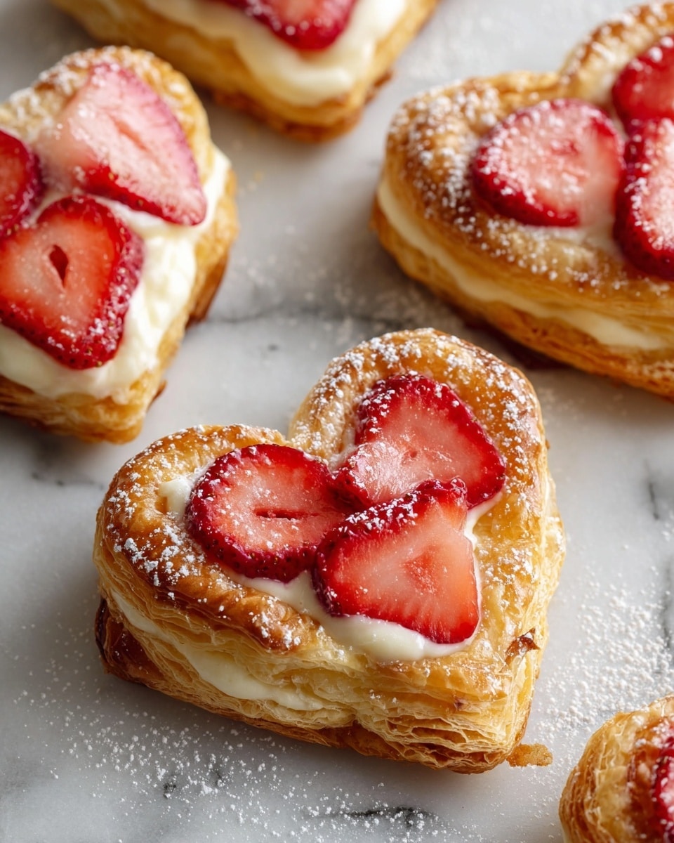 The image shows several heart-shaped pastries on a white marbled surface. Each pastry has three visible layers: a golden brown, crispy puff pastry outer layer with flaky texture, a creamy white layer of custard or cream filling just inside the crust, and bright red sliced strawberries scattered on top of the cream. The strawberries are fresh, glossy, and juicy, sitting atop the creamy filling. Some powdered sugar is lightly dusted around the pastries adding a fine white powder detail. Photo taken with an iphone --ar 4:5 --v 7
