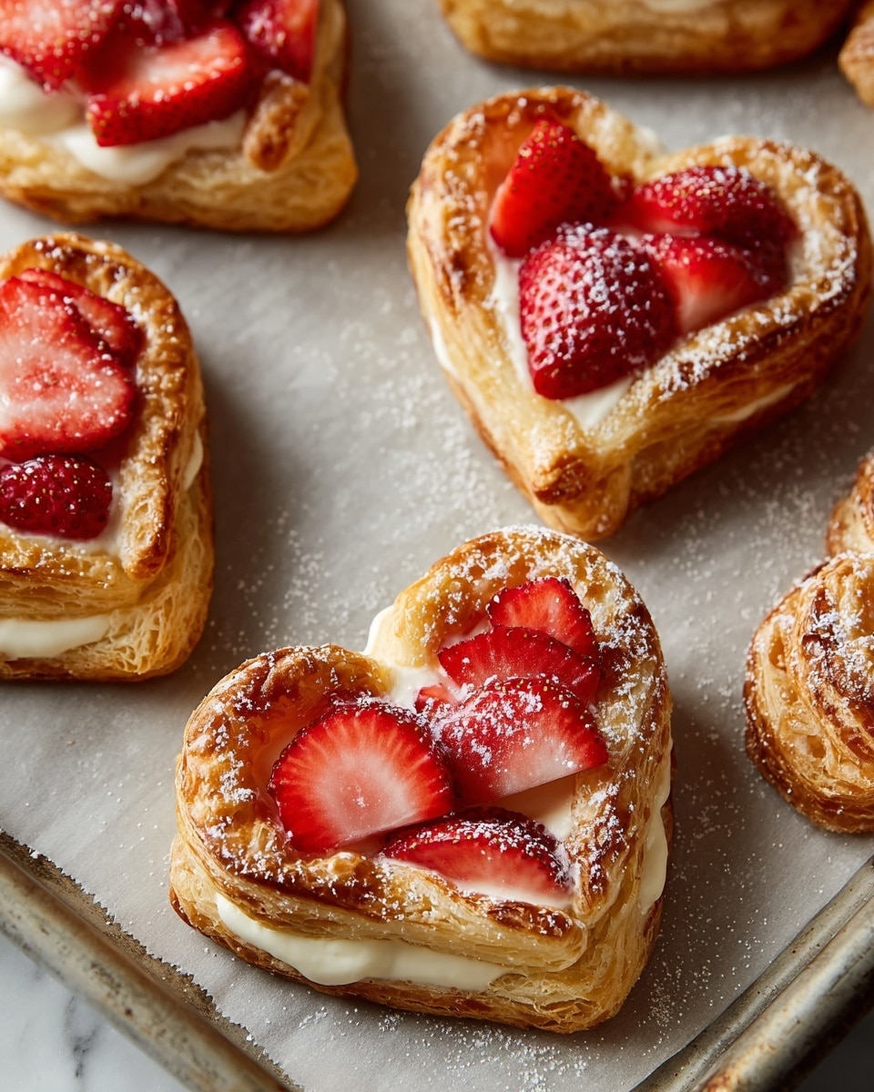 The image shows several heart-shaped pastries on a baking tray lined with parchment paper, placed over a white marbled surface. Each pastry has three visible layers: the bottom golden-brown puffy puff pastry with flaky edges, the middle creamy white layer that looks soft and smooth, and the top layer of bright red sliced strawberries scattered across the creamy layer. The pastries have a lightly glossy finish, and some powdered sugar is sprinkled on them, adding a soft white contrast to the red strawberries and golden crust. photo taken with an iphone --ar 4:5 --v 7
