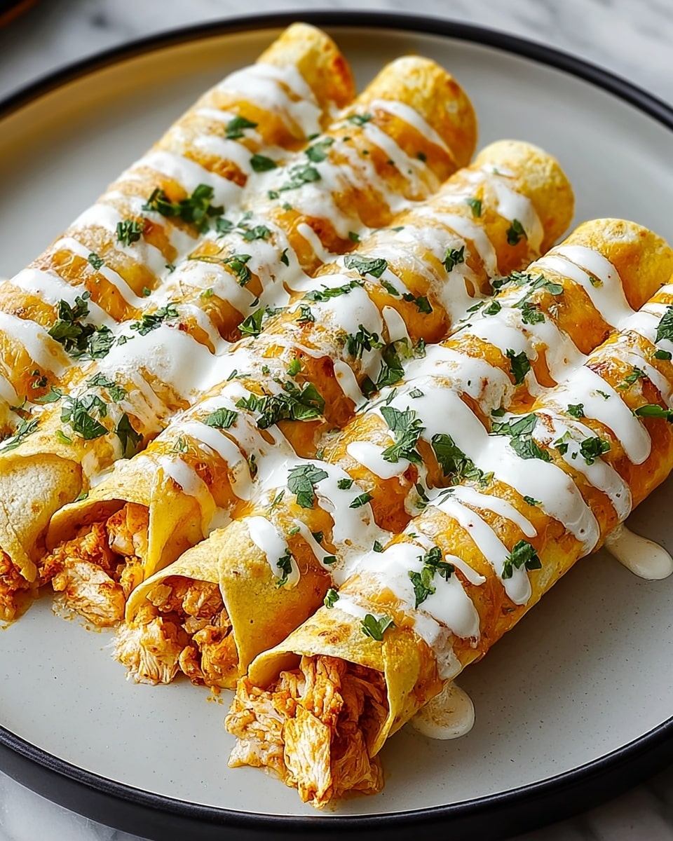 The image shows four rolled enchiladas placed side by side on a white plate sitting on a white marbled texture. Each enchilada has a golden-yellow, slightly crispy tortilla layer filled with a textured orange and white chicken mixture inside visible near the ends. On top of the enchiladas, there are smooth white sauce drizzles running in lines across each roll. The dish is sprinkled with green chopped cilantro leaves evenly scattered over the sauce. The overall look is warm and inviting with a mix of creamy, crispy, and fresh textures. photo taken with an iphone --ar 4:5 --v 7