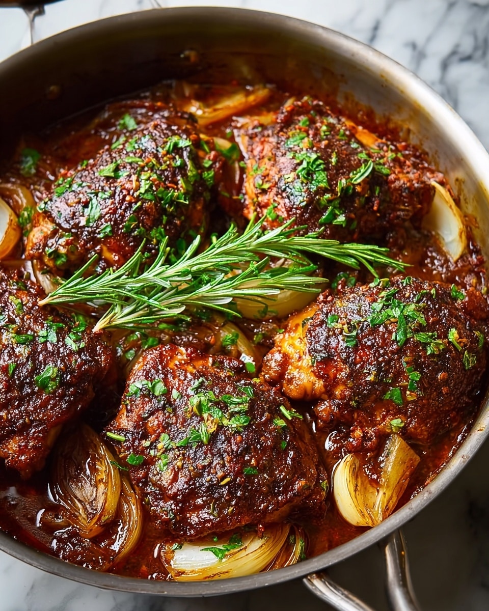 A close-up of a metal pan filled with five pieces of browned chicken thighs covered in dark, crispy skin and a rich reddish-brown sauce. The chicken is sprinkled with chopped green herbs and sits alongside caramelized quartered onions with golden layers. A fresh sprig of green rosemary tops the center, adding a fresh contrast. The pan rests on a white marbled surface. photo taken with an iphone --ar 4:5 --v 7
