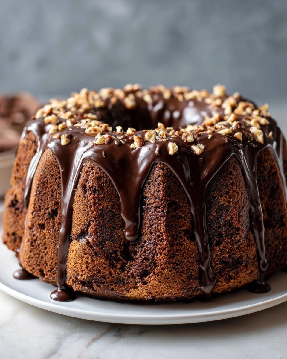 The image shows a rich, round chocolate bundt cake with multiple layers of dark, dense cake embedded with chunks of chocolate and pieces of light brown nuts throughout. A shiny, thick layer of dark chocolate glaze drips down the sides in long, smooth streams, giving the cake a glossy finish. The cake sits on a white plate, and there are scattered nut pieces around the base. The background features a soft, white marbled texture. photo taken with an iphone --ar 4:5 --v 7