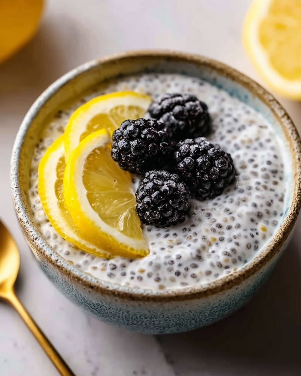 A close-up of a small white bowl filled with creamy white chia pudding, speckled evenly with tiny black chia seeds throughout. On top of the pudding, three plump blackberries sit near two thin fresh lemon slices arranged upright, adding dark purple and bright yellow colors. The bowl is placed on a white marbled surface, with part of a lemon and a gold spoon softly out of focus nearby. The texture of the pudding looks smooth and thick, with a slightly glossy shine. photo taken with an iphone --ar 4:5 --v 7