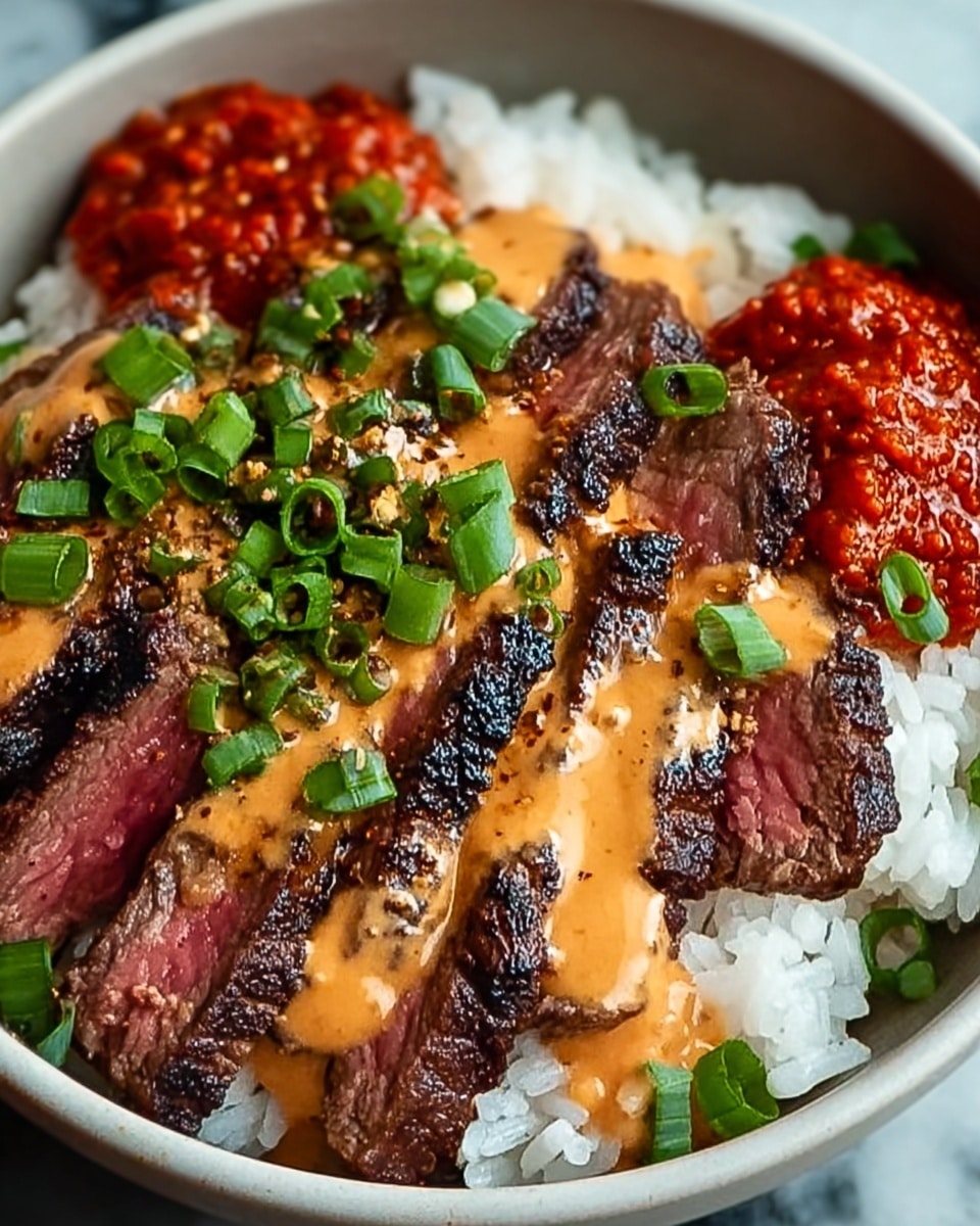 A close-up of a white bowl filled with fluffy white rice as the base layer, topped with medium-rare grilled steak slices arranged side by side showing a charred dark brown outer layer and a pink center, drizzled with a creamy orange sauce that has small red flecks. Bright green chopped scallions are scattered on top, adding a fresh and vibrant touch. Two dollops of bright red chili paste with visible seeds sit on opposite sides of the bowl, contrasting with the white rice and dark steak. The bowl rests on a white marbled surface. Photo taken with an iphone --ar 4:5 --v 7