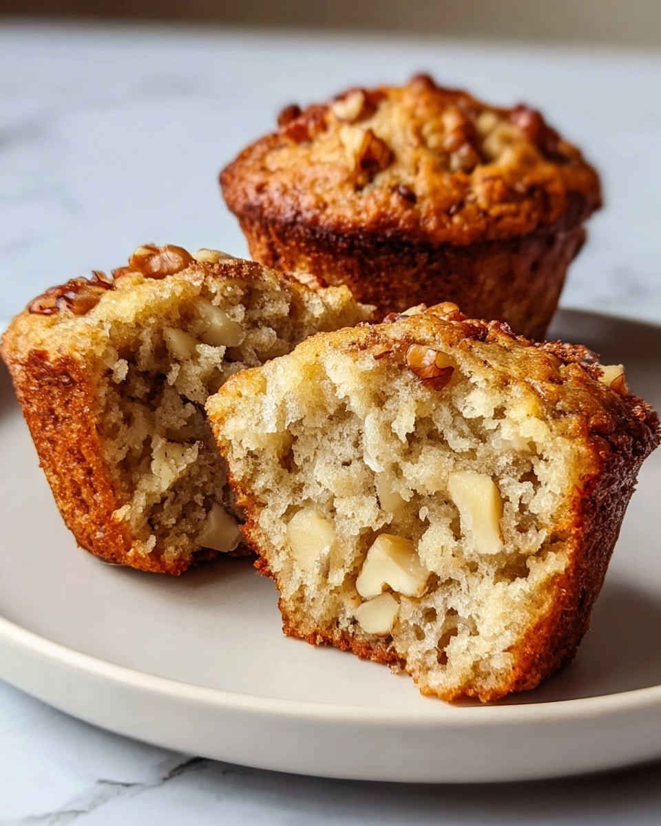 A close-up view of two muffins placed on a white plate with a white marbled background. One muffin is whole, showing a golden-brown, slightly crispy top with a rough texture, while the other is cut in half and positioned in front, revealing a soft, light golden interior filled with pieces of walnuts and a moist, fluffy crumb texture. The muffins have a thick, browned crust around the edges, contrasting with the light, crumbly inside filled with nuts. Photo taken with an iphone --ar 4:5 --v 7