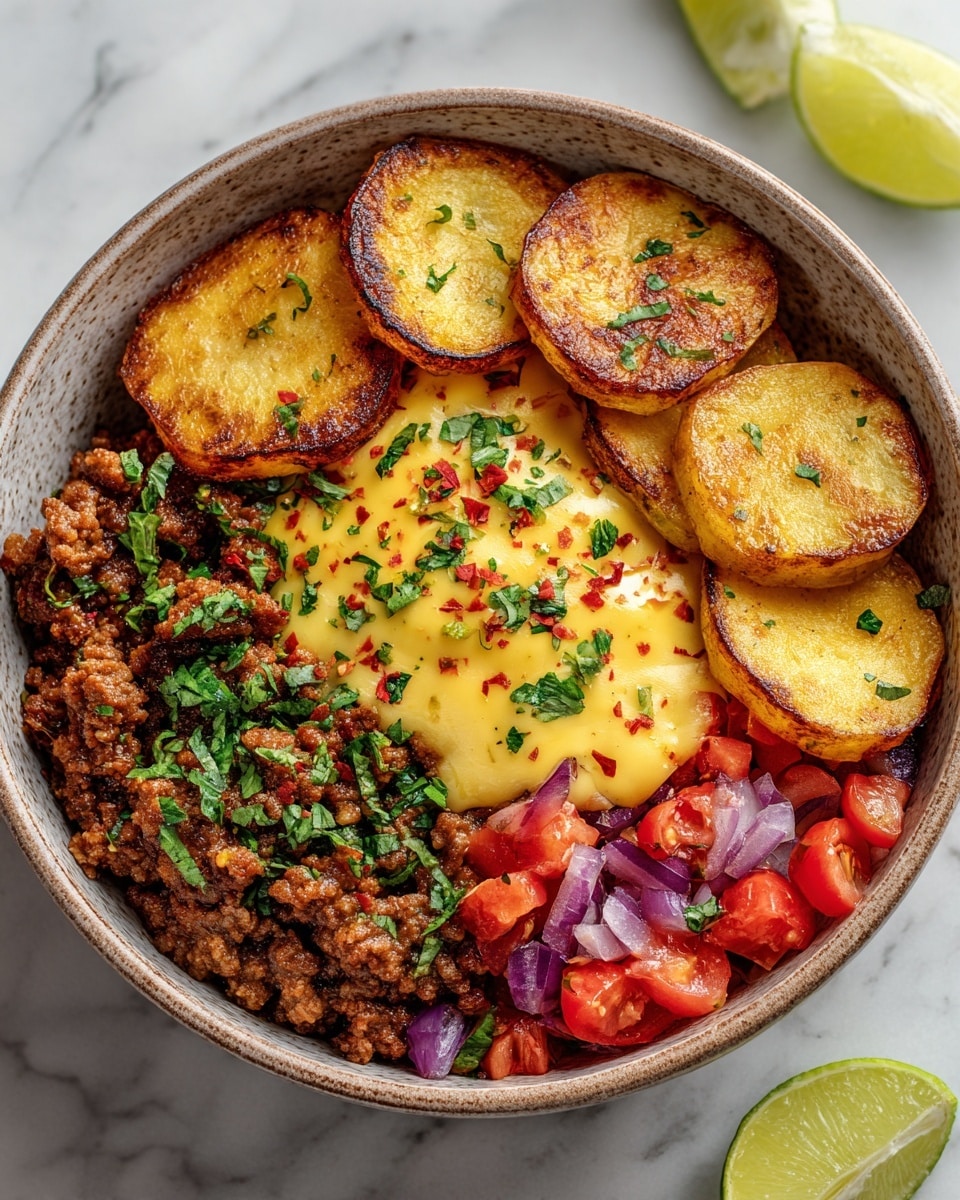 A bowl filled with four main layers is shown on a white marbled surface. One layer has browned, cooked ground meat with a crumbly texture on the left side. Next to it are several slices of golden-brown fried potato coins placed both at the top and bottom right of the bowl, topped with some chopped green herbs. In the middle top section, there is a layer of creamy yellow melted cheese sauce sprinkled with red flakes and green herbs. On the right side, chopped red tomatoes mixed with finely diced red onions and more chopped green herbs complete the bowl. Two lime wedges rest on the surface behind the bowl. Photo taken with an iphone --ar 4:5 --v 7