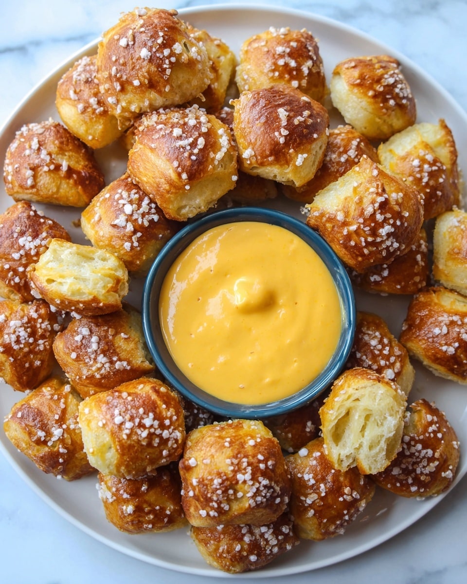 A white plate filled with about two layers of soft pretzel bites, each with a golden brown top covered in coarse salt crystals and light yellow sides showing a pillowy texture. In the middle of the plate is a small dark blue bowl filled to the brim with smooth, creamy, bright orange cheese sauce, shiny under the light. The plate is placed on a white marbled surface, and the image is shot closely showing the warm, inviting textures of both the pretzels and the cheese sauce. photo taken with an iphone --ar 4:5 --v 7