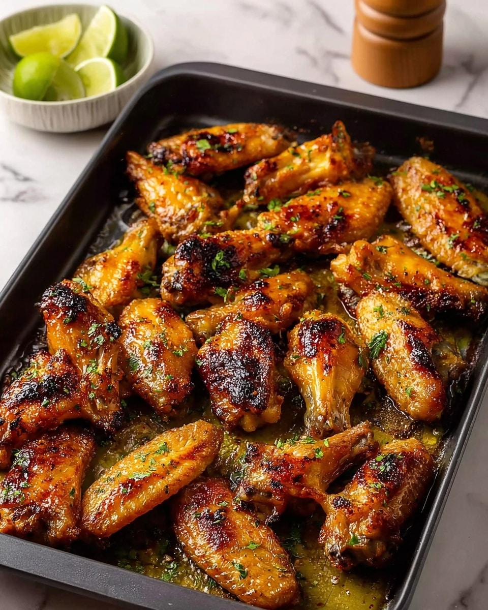 A black baking tray filled with about twenty golden brown roasted chicken wings, each wing showing a crispy, lightly charred skin with specks of green herbs scattered on top and around. The wings have a slightly oily texture with glistening spots and are arranged close together but not stacked, covering most of the tray’s surface. In the background on the left, a small white bowl holds several lime wedges, and there is a wooden pepper grinder next to it, all set on a white marbled textured surface. photo taken with an iphone --ar 4:5 --v 7