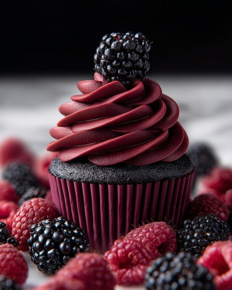 The image shows a dark chocolate cupcake with a layer of rich, smooth deep burgundy frosting swirled high on top. The cupcake liner is also deep burgundy, matching the frosting, and the cake base is dark, almost black. On the tip of the frosting sits a single shiny blackberry. The cupcake is surrounded closely by many fresh blackberries and some dark red raspberries scattered around it. The background is a white marbled texture with subtle lighting highlighting the cupcake and berries. photo taken with an iphone --ar 4:5 --v 7