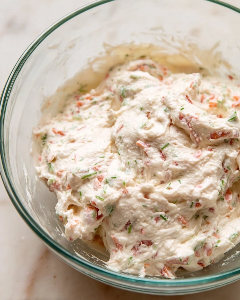 The image shows a close-up of a thick, creamy mixture in a clear glass bowl. The main layer is white and smooth with a slightly chunky texture, with small bits of red, green, and beige ingredients mixed evenly throughout. These colorful bits suggest finely chopped vegetables or herbs, giving the mixture a speckled look. The bowl sits on a white marbled surface, enhancing the simple, fresh look of the dish. The lighting is soft, making the creamy texture look inviting and fresh. Photo taken with an iphone --ar 4:5 --v 7