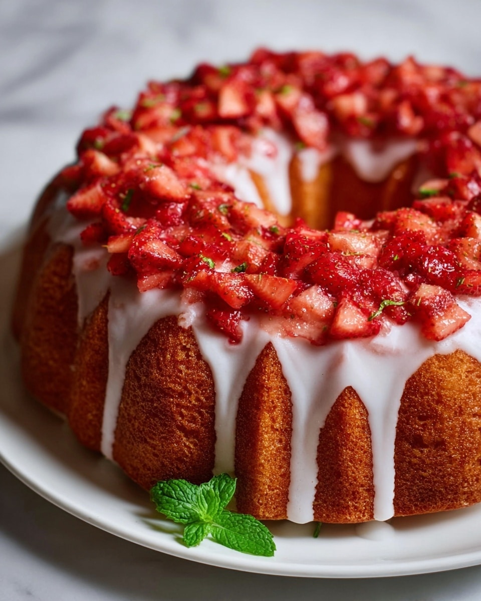 The image shows a bundt cake with a golden-brown texture, topped with a smooth white glaze that gently drips down the sides. On top of the glaze is a thick layer of bright red, finely chopped fresh strawberries spread evenly around the ring. There is a small green mint leaf garnish placed at the base of the cake on a white plate. The background has a white marbled texture, creating a clean and fresh look. photo taken with an iphone --ar 4:5 --v 7
