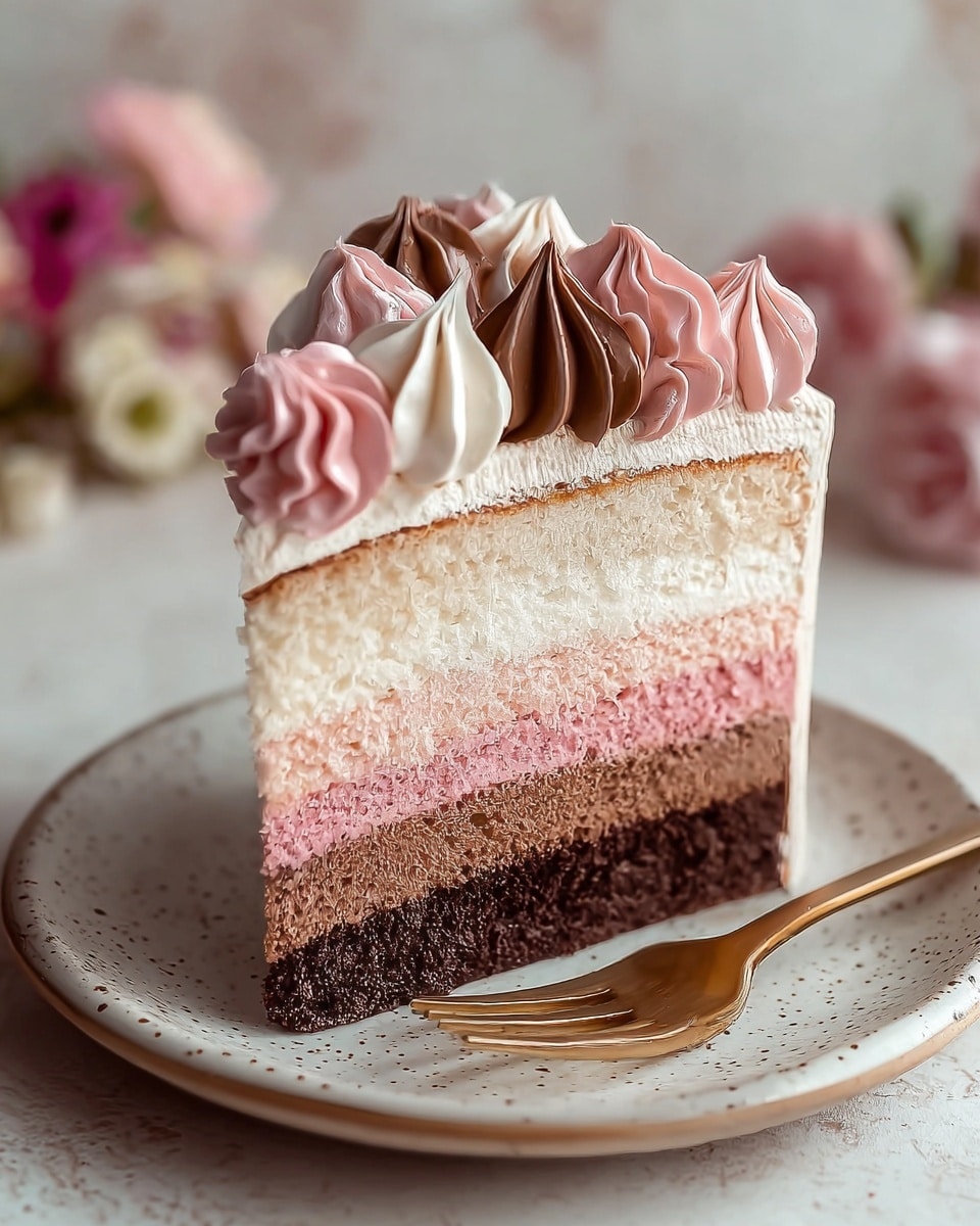 A slice of four-layered cake sits on a white speckled plate with a gold fork beside it. The bottom layer is dark brown, the next is pink, followed by an off-white layer, then a light pink layer on top. Each layer is separated by thin, creamy white frosting. The cake is topped with swirls of frosting in three colors: dark brown, pink, and white, arranged around the edge, giving it a rich and textured look. The background has a soft, white marbled texture with blurred floral accents. photo taken with an iphone --ar 4:5 --v 7