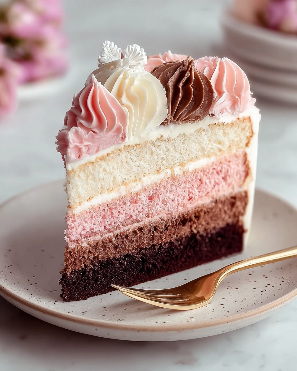 A slice of four-layer cake sits on a white plate with a light speckled pattern, placed on a white marbled surface. The bottom layer is dark chocolate brown and moist, followed by a pink layer, then a creamy white layer, and topped with a soft pastel pink layer. Each cake layer is separated by a thin white cream filling. On top of the slice are swirls of frosting in three colors: chocolate brown, soft pink, and white, arranged in an alternating pattern. A small white decoration is nestled among the frosting swirls. A gold fork rests beside the cake slice on the plate. Photo taken with an iphone --ar 4:5 --v 7