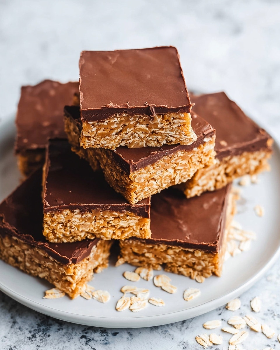 The image shows five square bars stacked on a white plate with a white marbled texture surface underneath. Each bar has two layers: the bottom layer is golden brown with visible oats that give a rough, crumbly texture, while the top layer is smooth and thick with a darker brown chocolate-like coating. Loose oats are scattered around the plate on the white marbled surface. The bars look soft yet firm, with clean cuts showing the contrast between the oat base and chocolate topping. photo taken with an iphone --ar 4:5 --v 7