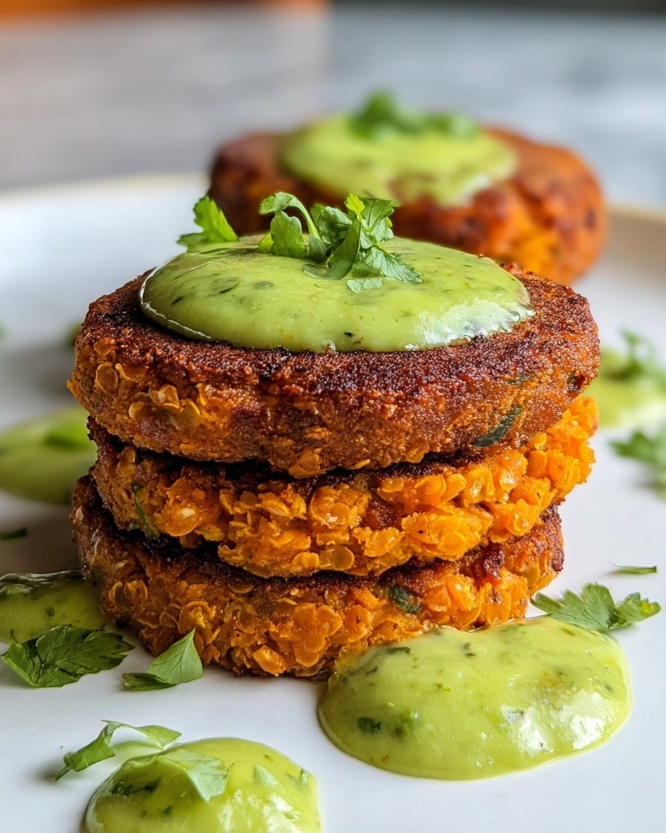 The image shows three thick, round patties stacked on a white plate with a white marbled texture background. Each patty has a rough, soft texture with a golden brown, slightly crispy exterior and an orange interior with visible grains or bits. On top of the upper patty and beside the stack, there are dollops of smooth, creamy green sauce with tiny dark green herb pieces mixed in. Small fresh green herb leaves are sprinkled on the patties and around the plate, adding a fresh touch. photo taken with an iphone --ar 4:5 --v 7