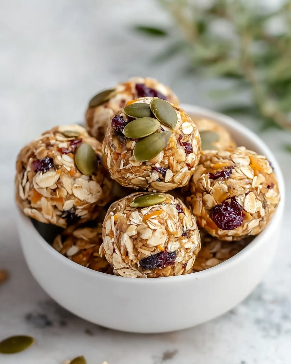 A white bowl filled with round energy bites, each covered in light brown oat flakes with bits of dried orange peel and dark red dried berries mixed inside. The energy bites are topped with several green pumpkin seeds, giving a nice contrast on their textured, natural surface. The bowl sits on a white marbled texture surface with soft greenery blurred in the background, creating a fresh and wholesome look. photo taken with an iphone --ar 4:5 --v 7