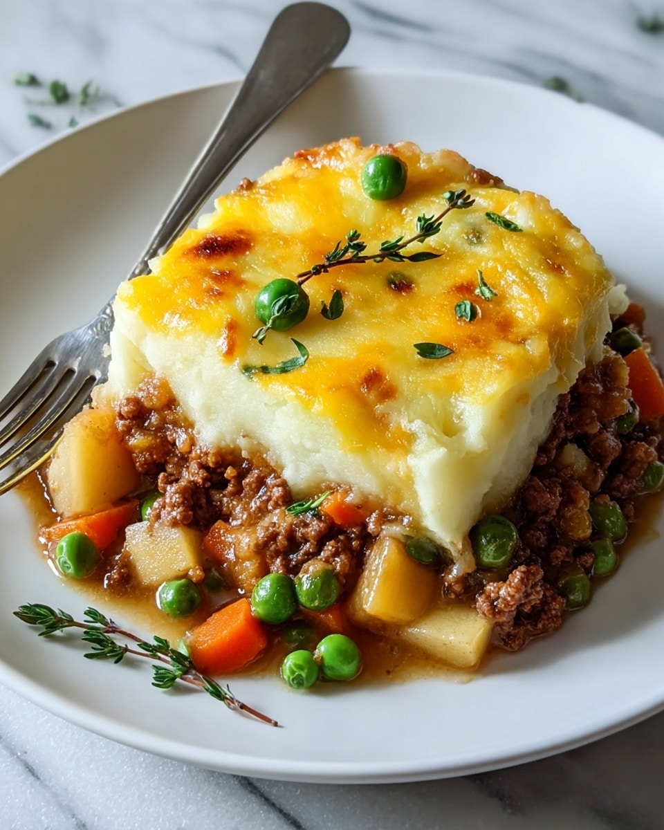 A white round plate holds a three-layer shepherd's pie. The bottom layer is a mix of brown minced meat with diced yellow potatoes, orange carrot chunks, green peas, and green beans, resting in a light brown gravy. The middle layer is thick and creamy mashed potatoes showing soft white color with a few golden brown spots from baking. The top layer has a golden yellow melted cheese crust with a few browned spots and is garnished with small green peas and sprigs of fresh green herbs. A silver fork rests on the plate's edge, and the plate is set on a white marbled textured surface. Photo taken with an iphone --ar 4:5 --v 7