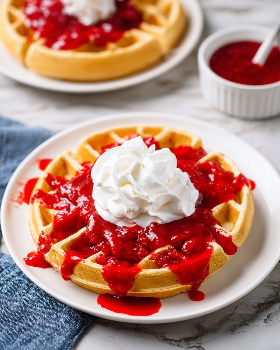 A single round waffle with a golden brown color sits on a white plate on a white marbled surface. The waffle is topped with a generous swirl of white whipped cream placed slightly off-center. Bright red strawberry sauce is poured over the waffle and whipped cream, some of it dripping down the sides and pooling onto the plate. In the background, there is another white plate with a waffle covered with the same red sauce, and a small white bowl filled with more red strawberry sauce is also visible. A folded blue cloth napkin lays beside the plates. photo taken with an iphone --ar 4:5 --v 7