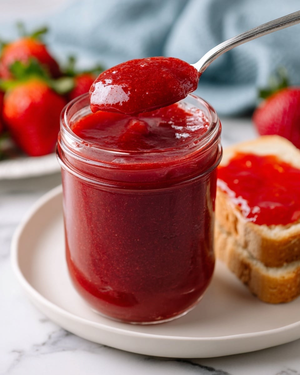 The image shows a clear glass jar filled with thick, smooth, deep red strawberry jam. A silver spoon dips into the jar, holding a rounded scoop of the jam, highlighting its glossy texture. The jar sits on a white plate, which also contains slices of bread spread with the same bright red jam. In the background, fresh strawberries with green leaves are slightly blurred on a white plate against a white marbled surface. A soft blue cloth is partly visible behind the jar. photo taken with an iphone --ar 4:5 --v 7