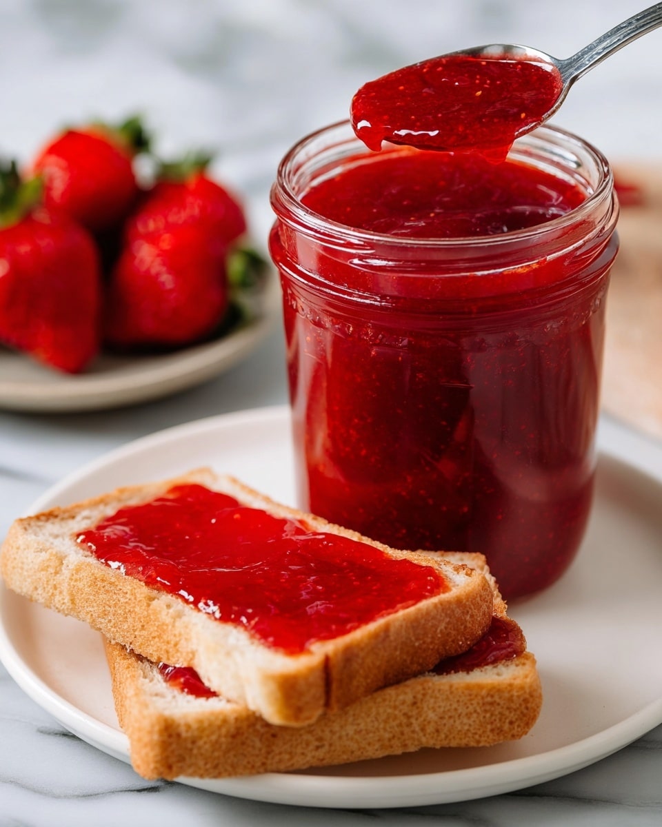 A close-up image shows a clear glass jar full of bright red strawberry jam with a shiny, smooth texture. A spoon scoops some jam from the jar, held above it. In front of the jar, on a white plate, are two slices of light brown bread with an even, thick layer of jam spread on their surface. In the background, a small plate holds several fresh, red strawberries. The whole scene is set on a white marbled surface. photo taken with an iphone --ar 4:5 --v 7