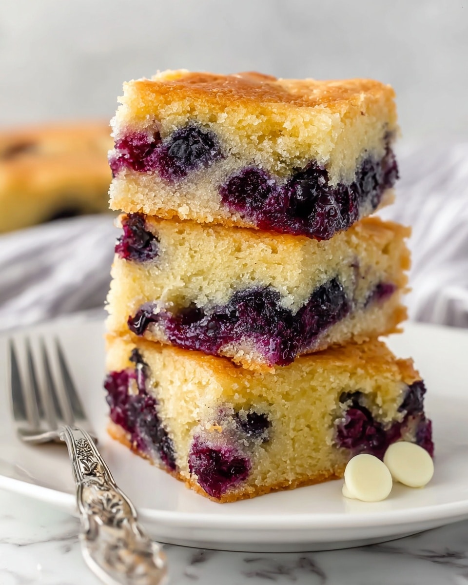 Three square pieces of a golden brown blueberry cake are stacked on a white plate. Each piece shows two layers: a crisp, shiny golden top crust and a moist, light yellow cake base with dark purple blueberries scattered inside. Some blueberries have released deep purple berry juice that seeps through the cake layer. A silver fork with floral engravings rests beside the stack, and a few white chocolate chips sit nearby on the plate. The plate is set on a white marbled surface with a soft, blurred out background. photo taken with an iphone --ar 4:5 --v 7