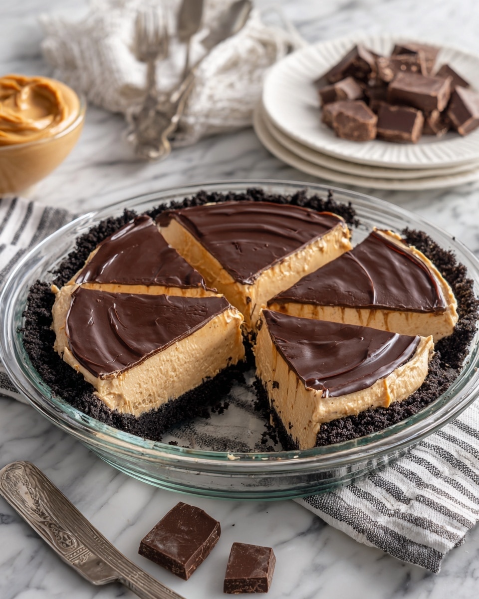 The image shows a pie with three distinct layers arranged in a clear glass pie dish on a white marbled surface. The bottom layer is a dark, crumbly crust made from crushed cookies, forming a round base about one inch thick. The middle layer is a thick, creamy peanut butter filling with a smooth texture and a light golden tan color, evenly spread over the crust. The top layer is a glossy, dark chocolate ganache, covering about two-thirds of the peanut butter layer in the center. Three slices of the pie are cut and separated slightly, revealing all three layers clearly. Surrounding the pie, there is a bowl of creamy peanut butter, a white plate with silver forks, chopped dark chocolate pieces on a white plate, and a striped cloth with a silver pie server. photo taken with an iphone --ar 4:5 --v 7