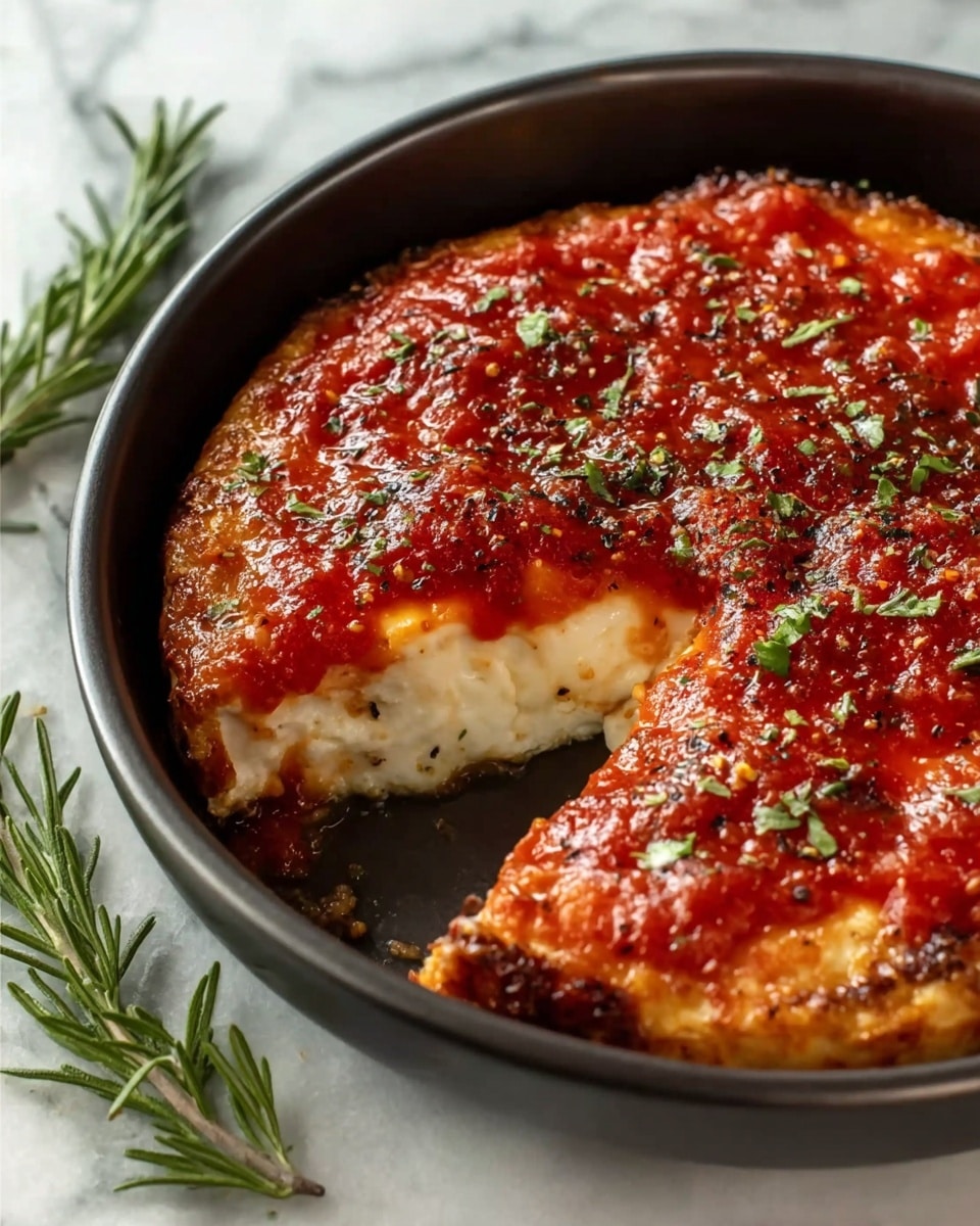 The image shows a round cheese dish in a black pan with a shiny, vibrant red tomato sauce layer on top, sprinkled with green herbs and coarse black pepper. One slice is missing, revealing a thick, creamy, white cheese layer underneath that looks soft and gooey. The edges of the cheese are slightly browned, giving a crispy texture contrast to the smooth sauce. Fresh rosemary sprigs lie next to the pan on a white marbled surface, which brightens the whole scene. photo taken with an iphone --ar 4:5 --v 7