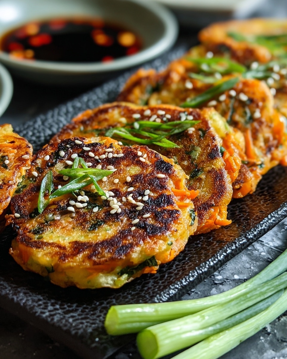 A close-up view of five small, round vegetable pancakes arranged on a black textured plate, each pancake showing a crispy, golden-brown surface with some darker charred spots. The pancakes are thick, revealing layers of orange carrots and green onions mixed into the pale yellow batter. White sesame seeds are sprinkled on top, adding texture. In the foreground, fresh green onion stalks are placed decoratively, while in the background a bowl of dark dipping sauce with red chili bits is partially visible. The setting is on a white marbled texture surface. Photo taken with an iphone --ar 4:5 --v 7