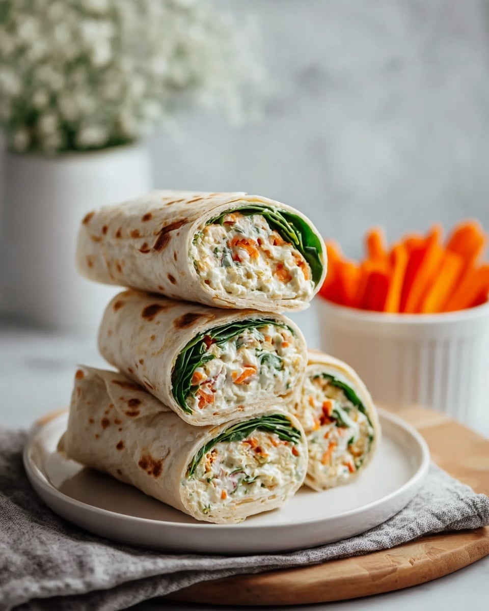 The image shows a stack of four tortilla wraps on a white plate, placed on a white marbled surface with a light gray cloth underneath. Each wrap is cut in half to reveal creamy filling inside with visible layers: a white creamy spread mixed with small pieces of orange carrot and green herbs, and a layer of fresh green spinach leaves close to the wrap. The tortillas are light beige with faint, toasted brown spots scattered over the surface. To the right, there is a white bowl filled with thin, bright orange carrot sticks. In the background, there is a blurred white vase with small white flowers. Photo taken with an iphone --ar 4:5 --v 7