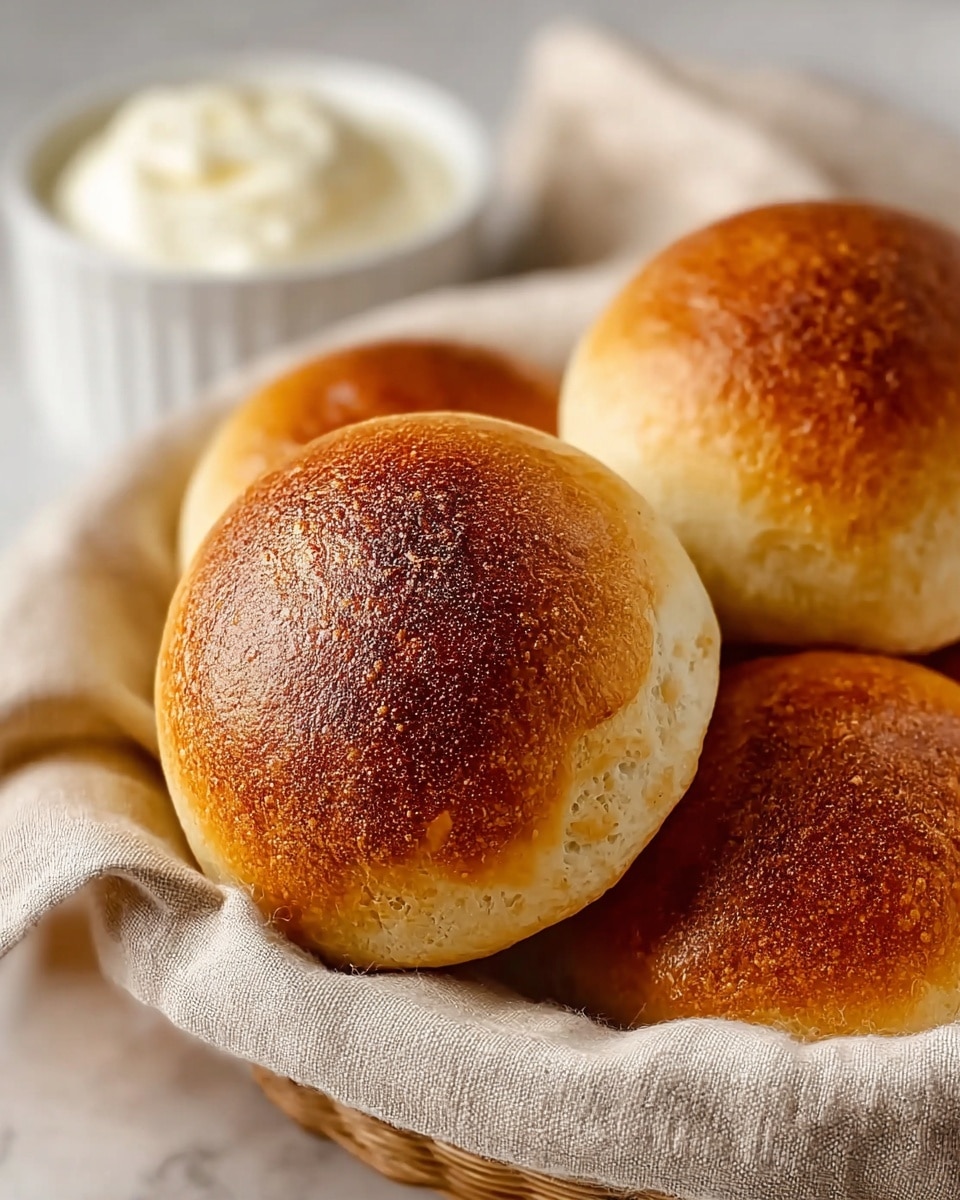 A close-up of four golden brown bread rolls resting in a light beige cloth inside a woven basket, showing a slightly crispy and textured top layer with a warm, toasted color. In the background, a white ramekin filled with a white creamy spread is softly blurred, all set on a white marbled surface. The soft light highlights the smooth yet slightly crunchy surface of the rolls, making them look fresh and inviting. photo taken with an iphone --ar 4:5 --v 7