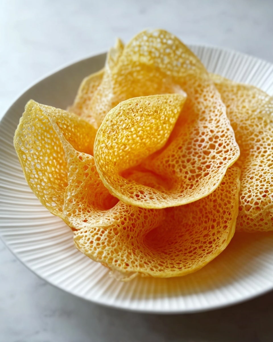 The image shows a single layer of a thin, lace-textured, yellow-orange crepe-like food with many small holes and an airy, delicate look. It is folded and placed loosely in the middle of a white plate with gentle ridges along the edge. The background is a white marbled texture. The food’s edges are slightly raised, creating soft curves and folds, giving it a light and crispy appearance. photo taken with an iphone --ar 4:5 --v 7