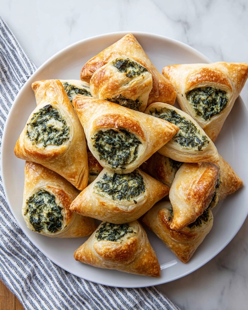 A white plate is filled with multiple golden-brown pastries, each shaped like a diamond with two opposite corners folded over, revealing a thick filling. The filling has a greenish color and a creamy, slightly chunky texture, made mostly of spinach mixed with some white elements, likely cheese or cream. The pastry dough around the filling looks flaky and crispy, with some browned spots from baking. The pastries are stacked loosely on the plate, overlapping slightly, with a cozy, homemade feel. The background is a white marbled surface with a striped cloth partially visible on the side. photo taken with an iphone --ar 4:5 --v 7