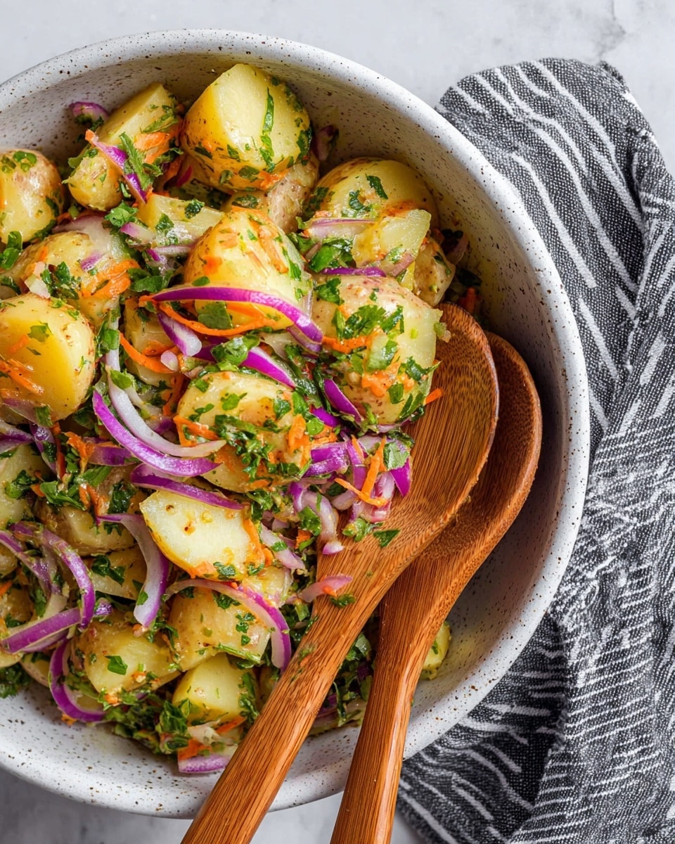 A close-up view of a white speckled bowl filled with a colorful potato salad consisting of three main layers: large chunks of light yellow potatoes with a soft texture form the base layer, topped with thin slices of vibrant purple-red onions adding sharp color contrast, and finely chopped green herbs and leafy greens scattered throughout for freshness. There are also visible thin orange carrot shreds mixed evenly, giving texture and brightness. Two wooden salad spoons with natural grain patterns rest on the right side inside the bowl. The background is a white marbled surface with a gray cloth featuring white stripes draped softly on the right side. photo taken with an iphone --ar 4:5 --v 7