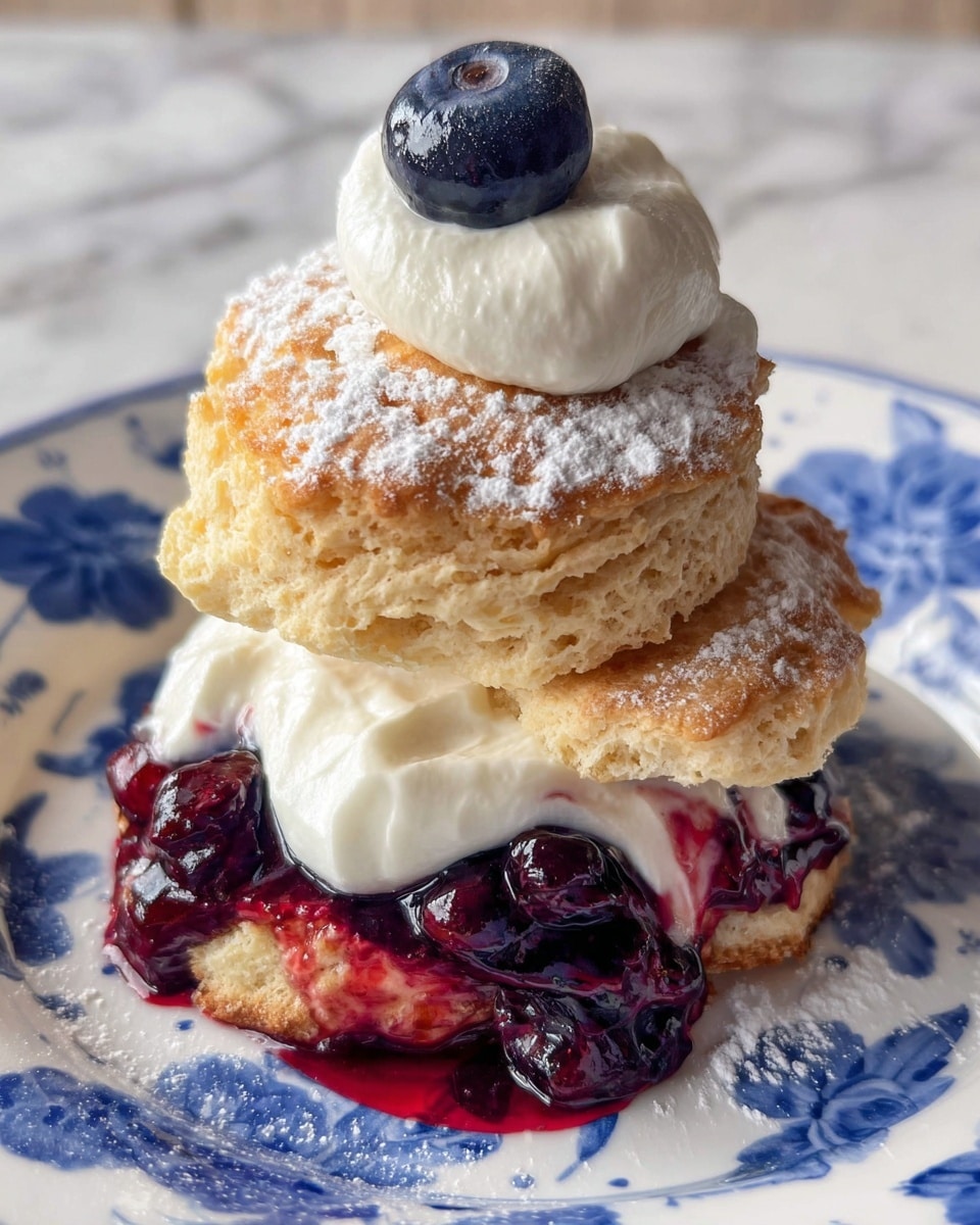 This image shows a dessert with three main layers stacked on a white plate with blue floral patterns. The bottom layer is a thick, golden-brown biscuit with a rough crumbly texture. On top of this biscuit is a layer of white whipped cream mixed with a red-purple blueberry sauce that has whole cooked blueberries, creating a juicy, glossy texture. Another biscuit layer, similar in size and color to the bottom one, rests on the cream and sauce. This top biscuit is dusted lightly with powdered sugar and topped with a dollop of smooth white whipped cream and a single fresh dark blueberry. The plate sits on a white marbled surface. photo taken with an iphone --ar 4:5 --v 7