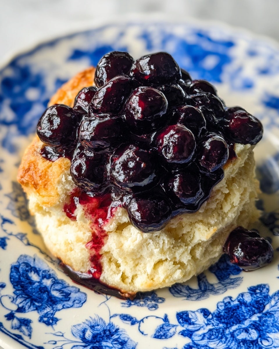 A close-up image of a single scone on a white plate with blue floral patterns, showing its rough, crumbly texture and golden-brown edges; the scone is topped with a generous pile of glossy, dark purple blueberries that have a shiny, juicy look with some berry juice slightly spilling onto the scone and plate. The scone appears soft on the inside with a fluffy, uneven surface under the berries. The photo taken has a sharp focus highlighting the contrast between the light scone and deep-colored fruit, with a white marbled textured background. Photo taken with an iphone --ar 4:5 --v 7