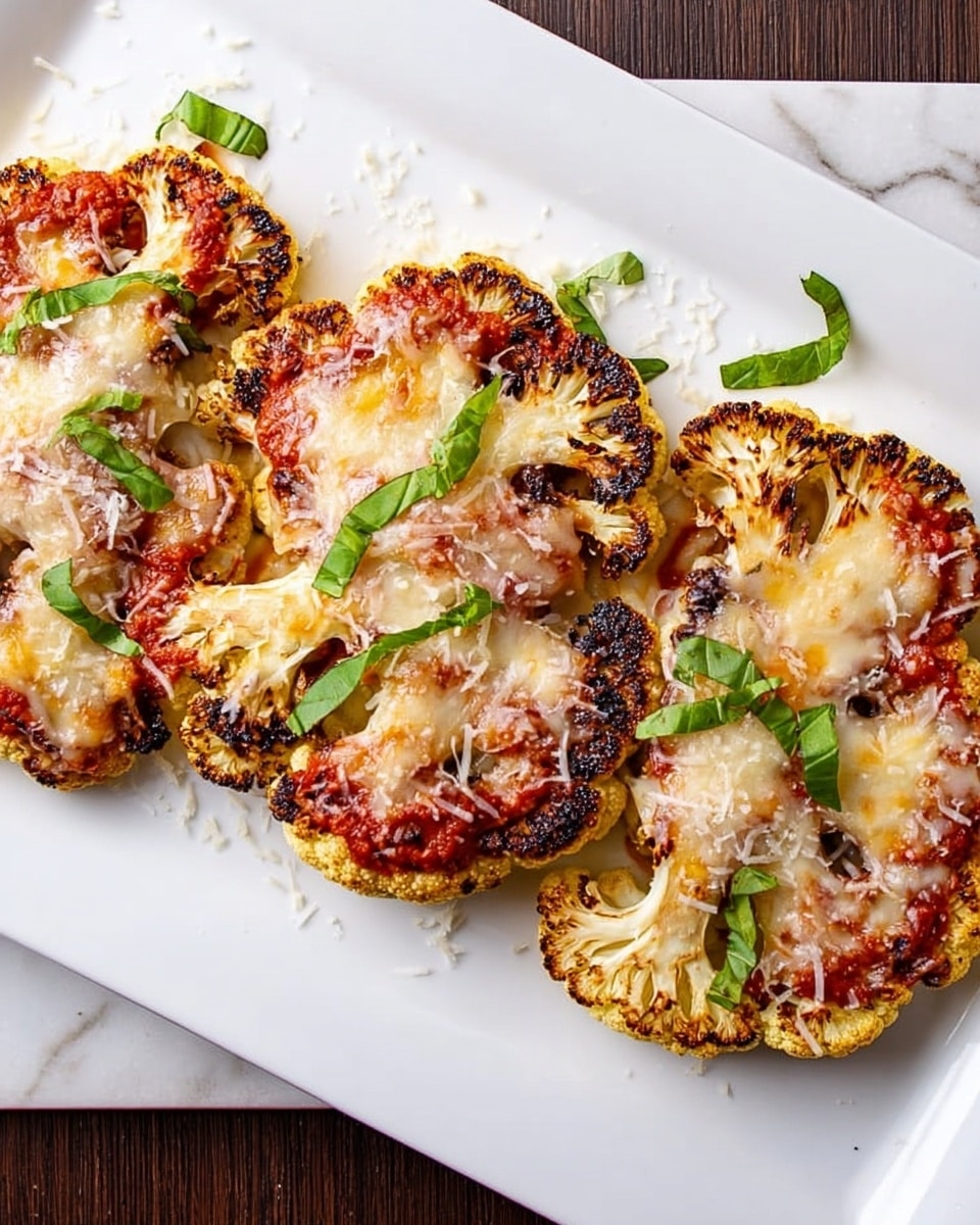 The image shows three roasted cauliflower steaks arranged side by side on a white rectangular plate placed on a white marbled surface. Each cauliflower steak has a golden-brown char on the edges and is topped with a layer of melted cheese that is bubbly and slightly browned, with red tomato sauce spread unevenly beneath the cheese. Small green basil leaves are scattered on top of and around the cauliflower steaks, adding a fresh touch and color contrast. Light shreds of what looks like Parmesan cheese are lightly dusted over the dish, enhancing its texture and appearance. Photo taken with an iphone --ar 4:5 --v 7