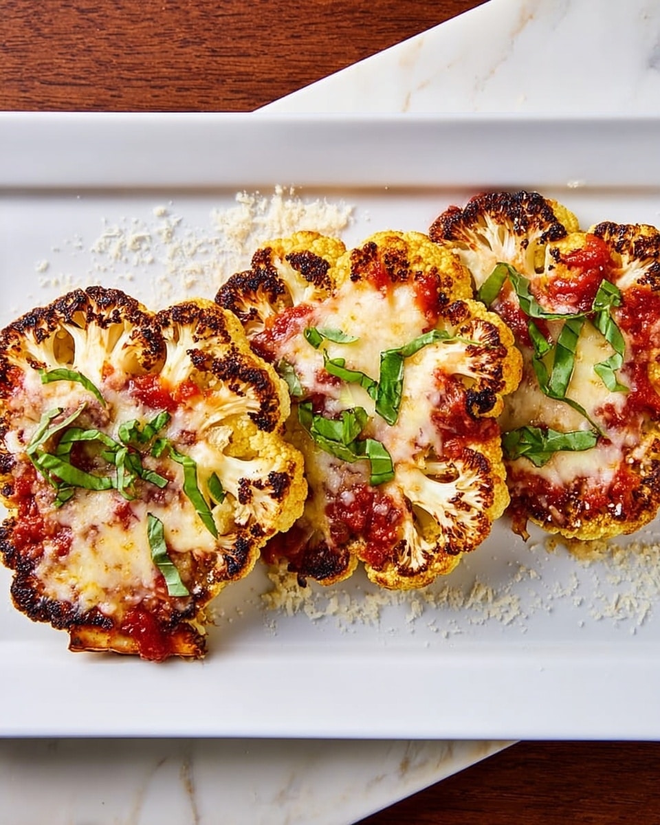 The image shows three thick slices of roasted cauliflower on a white rectangular plate, each slice browned and slightly charred around the edges. Each slice has a layer of melted, golden cheese on top, with visible tomato sauce underneath the cheese creating a red layer. Small green basil leaf pieces are scattered on and around the cauliflower slices, adding a fresh touch. The plate sits on a white marbled surface, and some grated cheese is sprinkled lightly over the dish and plate edges. photo taken with an iphone --ar 4:5 --v 7