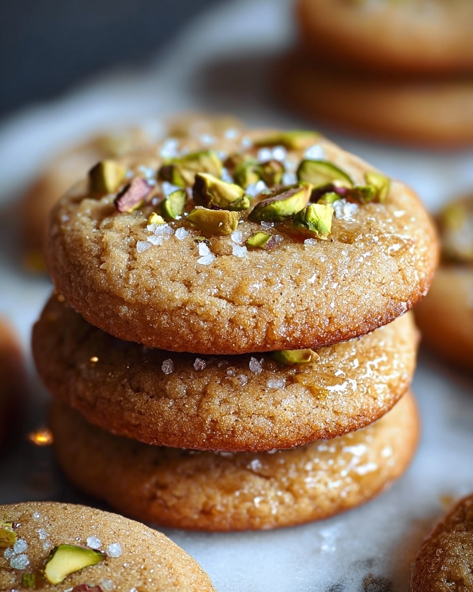 A close-up image shows a stack of three round, golden-brown cookies with a slightly rough texture. The top cookie is sprinkled with small pieces of green pistachios and coarse white sugar crystals. The cookies have a lightly cracked surface and a shiny glaze that catches the light, highlighting their soft and chewy texture. Around the stack, more cookies can be seen blurred in the background, all sitting on a white marbled surface. photo taken with an iphone --ar 4:5 --v 7