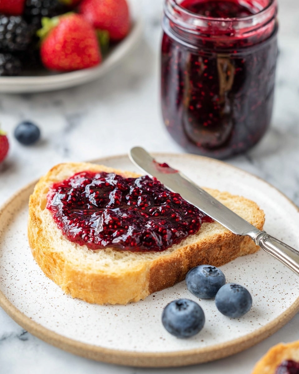 A single slice of light golden brown bread with a soft, airy texture forms the base layer, sitting on a white speckled plate. On top of the bread is a thick, dark red berry jam spread unevenly with visible small seeds, creating a glossy, rich texture. A silver knife covered in jam rests diagonally across the bread. Beside the bread on the plate, three fresh blueberries add a pop of blue color. In the background, a clear glass jar filled with more of the dark red jam stands on a white marbled surface. A blurred plate of mixed berries including strawberries, blackberries, and blueberries sits off to the side. photo taken with an iphone --ar 4:5 --v 7