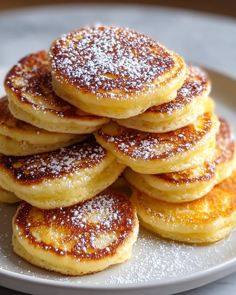 A stack of small, thick golden brown pancakes piled closely on a white plate. Each pancake has a slightly crispy, dark golden top with a soft, light yellow inside, showing a fluffy texture. The pancakes are sprinkled with fine white powdered sugar, adding a light dusting over the stack. The plate rests on a white marbled surface, enhancing the warm colors of the pancakes. photo taken with an iphone --ar 4:5 --v 7